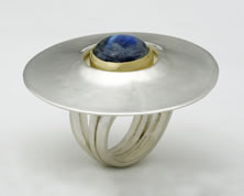  'Saturn Ring' with round blue Moonstone cabochon in silver and 18K yellow gold